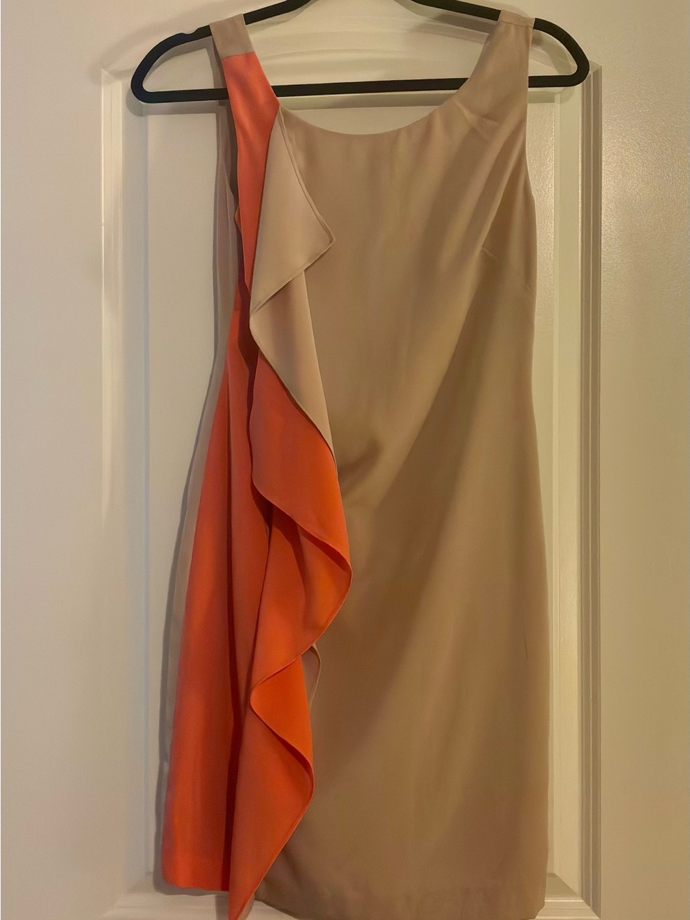 Sleeveless Beige Dress with Orange/Salmon Ruffle Accent
